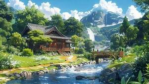 白云树木房屋河流景色