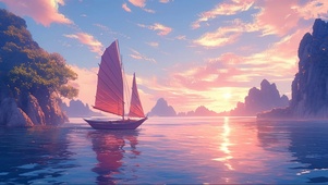 落日群岛海面帆船