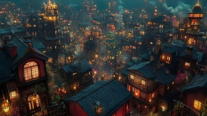 热闹小镇夜晚温馨建筑