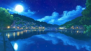 圆月古风静谧河岸小镇