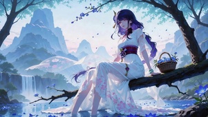 林间溪畔蓝发美少女