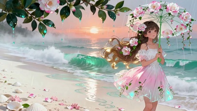 海边落日花伞少女