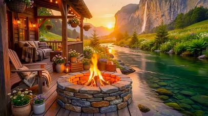 清晨高山瀑布溪流小屋