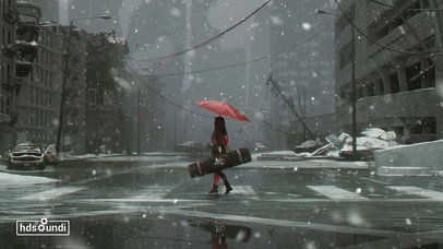 末日城市废墟的少女