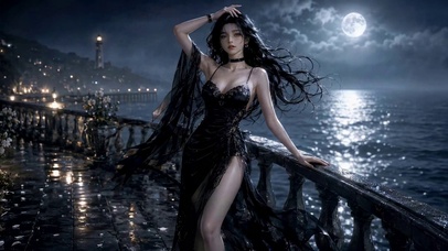 月夜海边黑裙女神