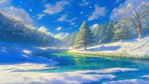 蓝天阳光积雪森林河岸
