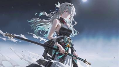 银发少女-黑旗袍武士刀云雾