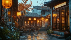秋季小雨古风庭院建筑