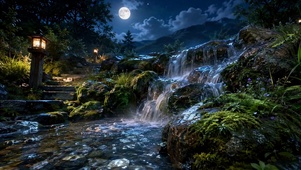 月下溪流夜景