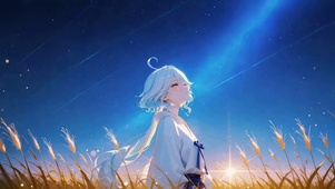 星空旷野下的蓝发美少女