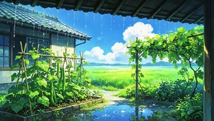 后院雨中的葡萄架和丝瓜架