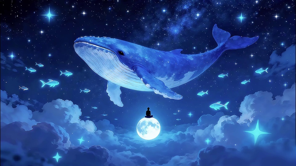 二次元梦幻插画：深蓝色布满繁星的夜空中，发光的蓝色巨鲸悬浮，亮白色满月上有盘坐的人物剪影，多只青色发光小鱼在周边游动，云层与星云交融。