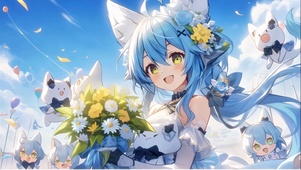 蓝发捧花少女