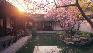 黄昏傍晚庭院池塘古树