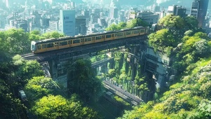 绿色城市夏日轨道火车