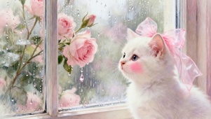 可爱猫咪望着窗外下雨