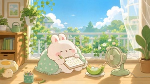 夏日窗前可爱萌兔绘画日常