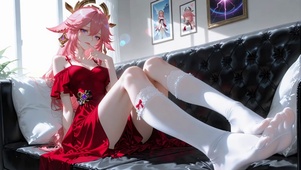 白丝红裙礼服少女-八重神子