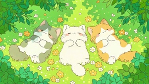 春日草地上打盹的三只小猫咪