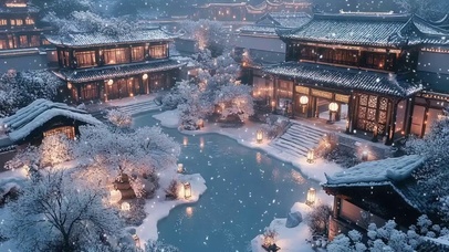 冬季唯美庭院古建池塘