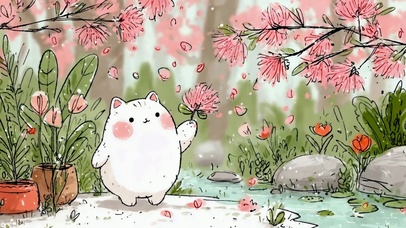 樱花树下可爱治愈小白猫