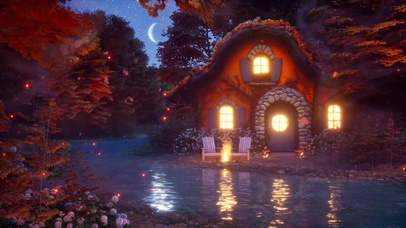 夜晚秋林落叶溪边小屋