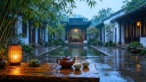 国风庭院雨景