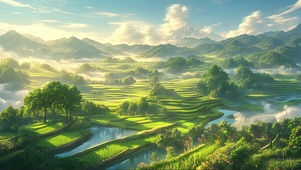 清新绿色阳光山谷梯田