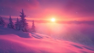 粉色朝霞雪原松林