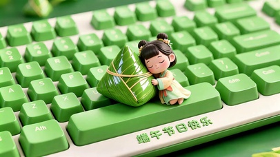 键盘上抱着粽子的汉服小女孩