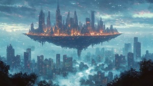 阴天云朵高空悬浮城市