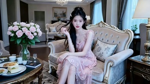 豪宅客厅欧式沙发上就餐的美女