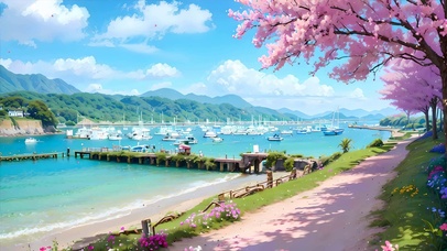 白云樱花树木海景