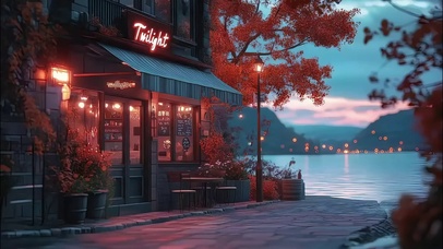 秋日海港傍晚酒馆商店