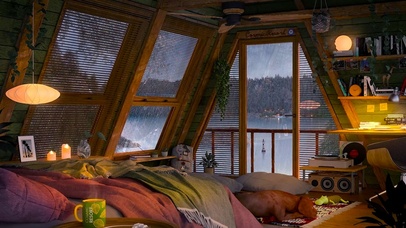 雨天湖边阁楼小屋