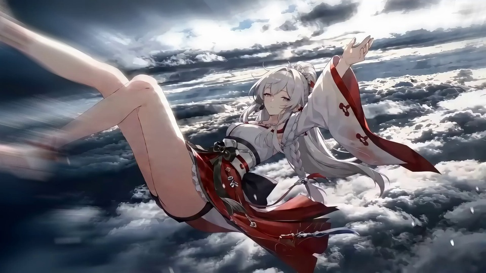 银发少女身着红白巫女装，肢体舒展漂浮在铺展着灰白云层的高空。