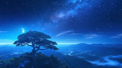 静谧夜空山顶孤树
