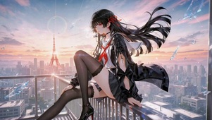 城市天台日落美少女千咲