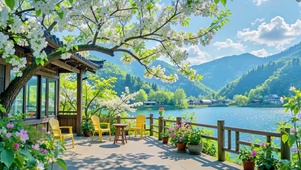 湖畔露台的春日樱花