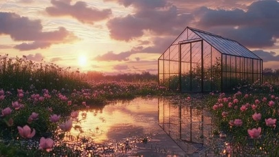 傍晚山坡花海玻璃木屋