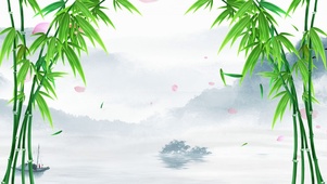中国风水墨画竹子河流船只唯美