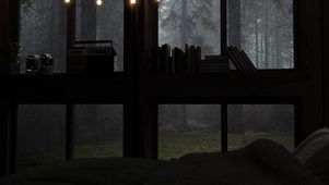 森林小屋雨点落在窗户上