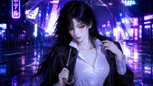 赛博雨夜都市撑伞美少女