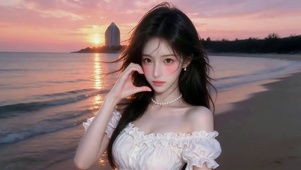 晚霞海边女孩