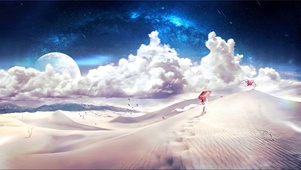 月下樱花漫步流星沙漠中