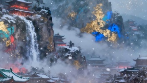 古风夜景雪山双屏