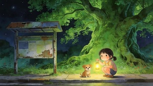 夜景女孩与萌宠狗