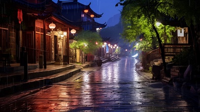 雨中古镇美景
