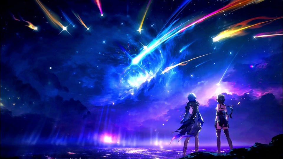 两名少女站在礁石上眺望布满彩色流星的海边星空