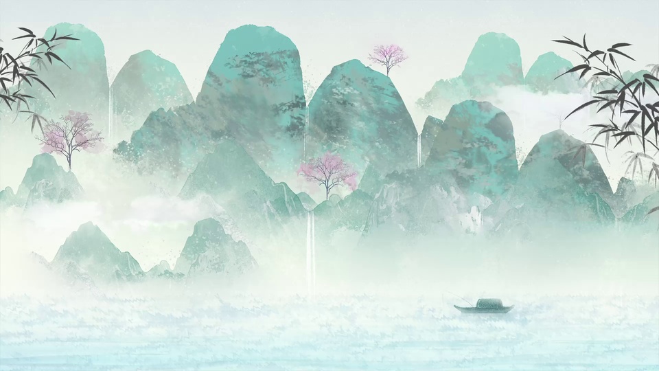 青绿色水墨中式山水，层叠青山隐于云雾，左右探出墨竹，雾间点缀粉花小树，右下角水面漂着一艘带篷小船。